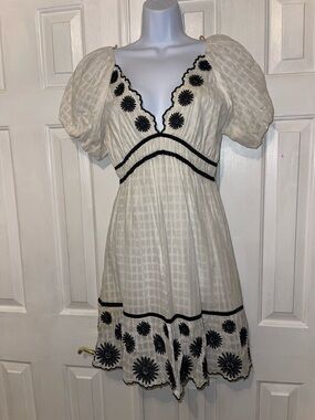 Cream Mini Dress with Black Floral Embroidery